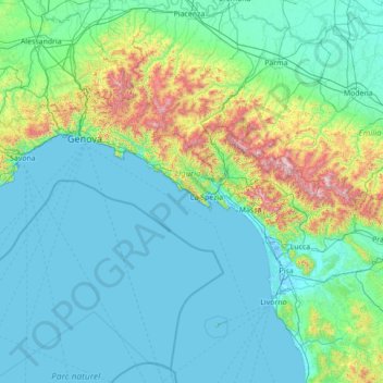 Mappa topografica Cinque Terre, altitudine, rilievo