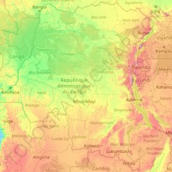 Mappa topografica Repubblica Democratica del Congo, altitudine, rilievo