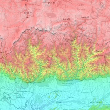 Mappa topografica Bhutan, altitudine, rilievo