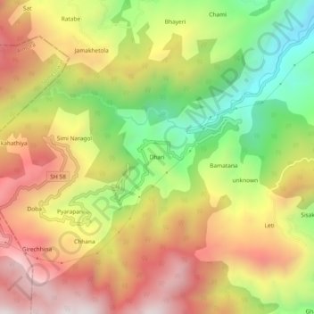 Mappa topografica Dhari, altitudine, rilievo