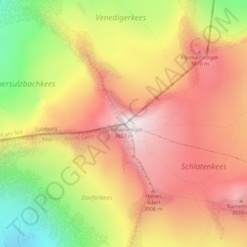 Mappa topografica Großvenediger, altitudine, rilievo