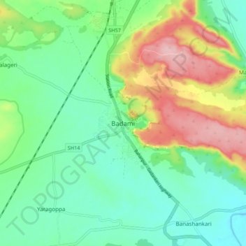 Mappa topografica Badami, altitudine, rilievo