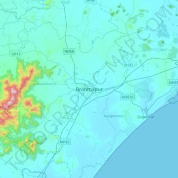 Mappa topografica Brahmapur, altitudine, rilievo