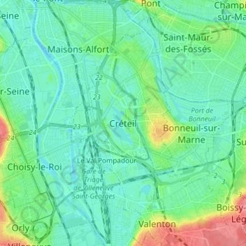 Mappa topografica Créteil, altitudine, rilievo