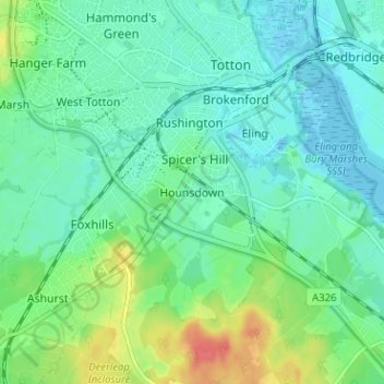 Mappa topografica Hounsdown, altitudine, rilievo