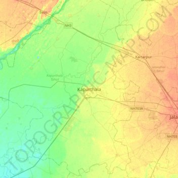 Mappa topografica Kapurthala, altitudine, rilievo