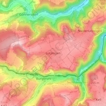 Mappa topografica Lützingen, altitudine, rilievo