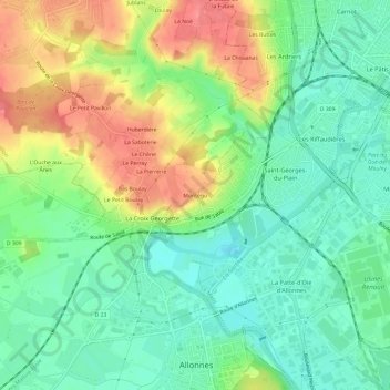 Mappa topografica Montégu, altitudine, rilievo
