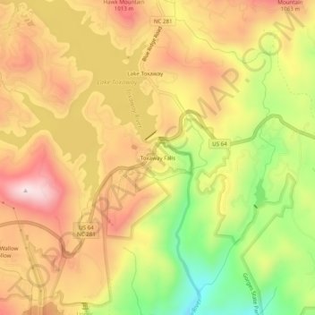 Mappa topografica Toxaway Falls, altitudine, rilievo