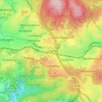 Mappa topografica Scherl, altitudine, rilievo