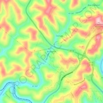 Mappa topografica Bonnyman, altitudine, rilievo