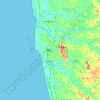 Mappa topografica Udupi, altitudine, rilievo