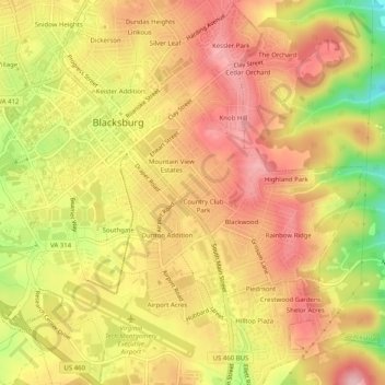 Mappa topografica Evergreen, altitudine, rilievo