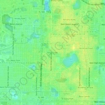 Mappa topografica Arbor Oaks, altitudine, rilievo