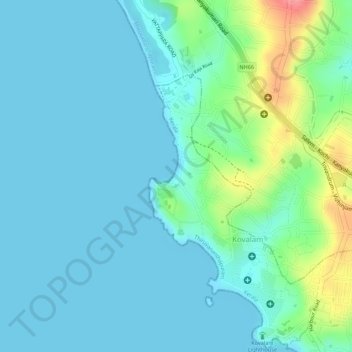 Mappa topografica Kovalam Beach, altitudine, rilievo