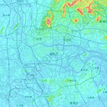 Mappa topografica 广州市, altitudine, rilievo