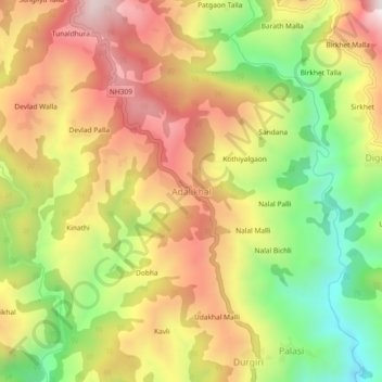 Mappa topografica Adalikhal, altitudine, rilievo