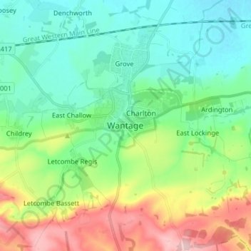 Mappa topografica Wantage, altitudine, rilievo