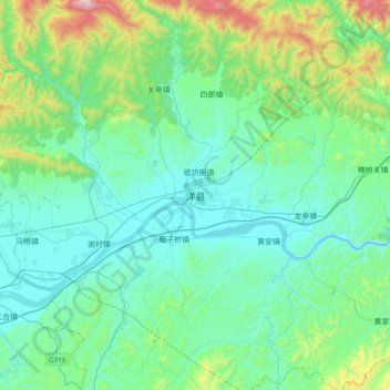 Mappa topografica 洋县, altitudine, rilievo