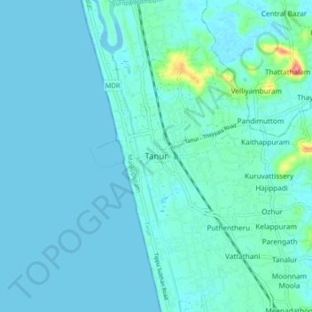 Mappa topografica Tanur, altitudine, rilievo
