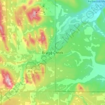 Mappa topografica Bragg Creek, altitudine, rilievo