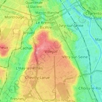 Mappa topografica Villejuif, altitudine, rilievo