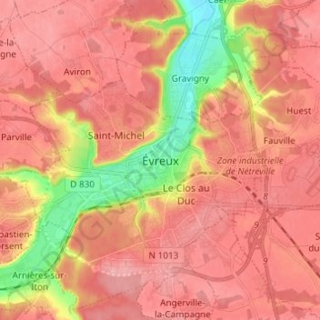Mappa topografica Évreux, altitudine, rilievo