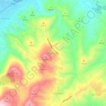 Mappa topografica Mansurlu, altitudine, rilievo