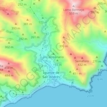 Mappa topografica El Campanario, altitudine, rilievo