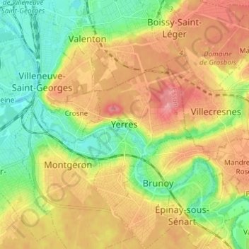 Mappa topografica Yerres, altitudine, rilievo