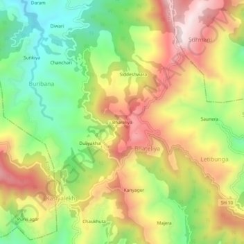 Mappa topografica Bhareliya, altitudine, rilievo