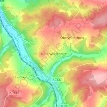 Mappa topografica Unterwürschnitz, altitudine, rilievo