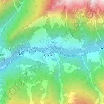 Mappa topografica Dharali, altitudine, rilievo