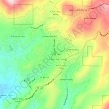 Mappa topografica Twain Harte, altitudine, rilievo