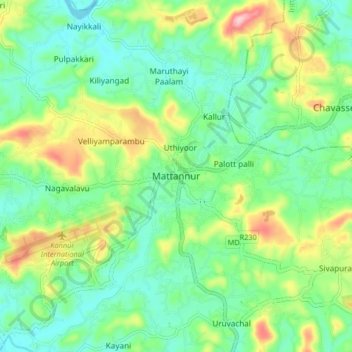 Mappa topografica Mattannur, altitudine, rilievo