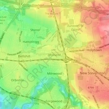 Mappa topografica Mossend, altitudine, rilievo
