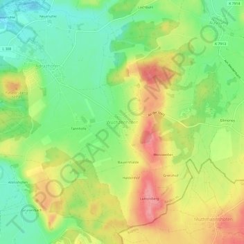 Mappa topografica Wuchzenhofen, altitudine, rilievo