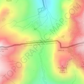 Mappa topografica Passo dello Spluga, altitudine, rilievo