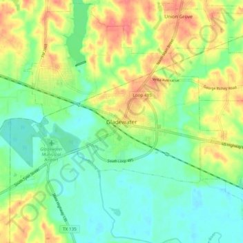 Mappa topografica Gladewater, altitudine, rilievo