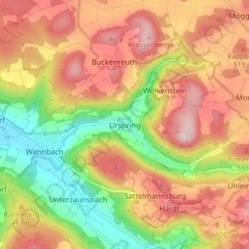 Mappa topografica Urspring, altitudine, rilievo