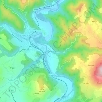 Mappa topografica Changeac, altitudine, rilievo