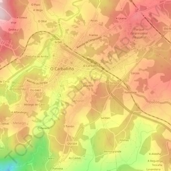 Mappa topografica O Tellado, altitudine, rilievo