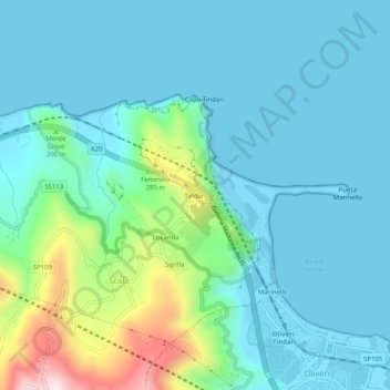Mappa topografica Tindari, altitudine, rilievo