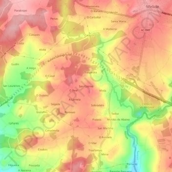 Mappa topografica San Cosme, altitudine, rilievo