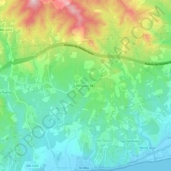 Mappa topografica Almayate Alto, altitudine, rilievo