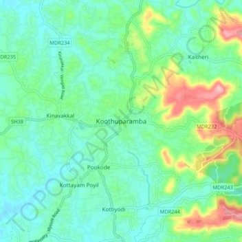 Mappa topografica Koothuparamba, altitudine, rilievo