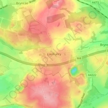 Mappa topografica Llanharry, altitudine, rilievo