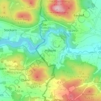 Mappa topografica Hillstett, altitudine, rilievo