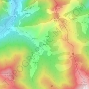 Mappa topografica Axiat, altitudine, rilievo