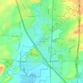 Mappa topografica Lake Windsor, altitudine, rilievo